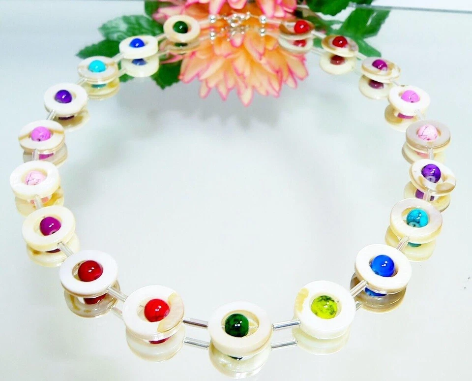 Halskette Kette Perlmutt weiß Perlen mehrfarbig rot grün blau gelb bunt 353n - Bild 4 von 4