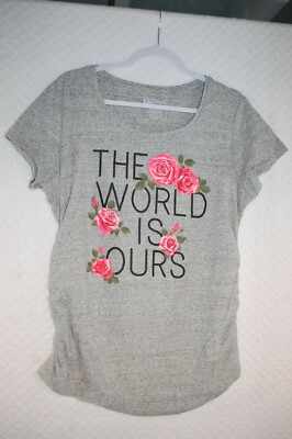 Womens GRAY MATERNITY T-SHIRT Pink Roses THE WORLD IS OURS Scrunched Sides S 4-6