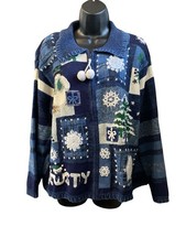 Tiara International Snowflake Frosty Snowman Winter Zip Christmas Sweater Size L