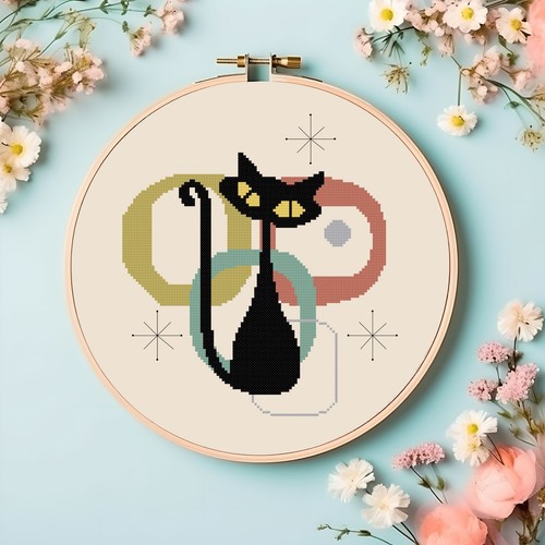 Atomic Black Cat Mid Century Art Counted Cross Stitch Pattern Leaflet Chart - Picture 2 of 5