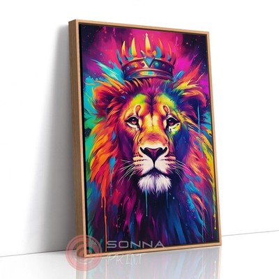 Königlicher König der Löwen Stolz Tier Safari bunte Kunst Schwebeeffekt gerahmte Leinwand