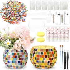 Remerry 2 Set Glass Mosaic Candle Holder Kit with Lights DIY Mosaic Arts and Cra