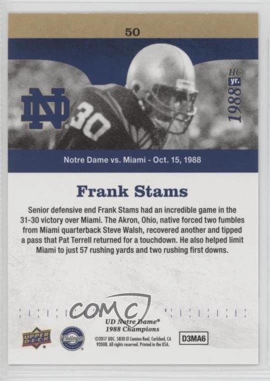 2017 Notre Dame 1988 Championship Gold Incredible Game for Frank Stams #50 - Image 2 of 2