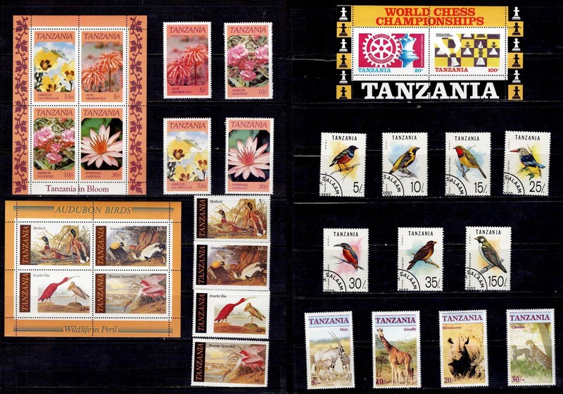 Tanzania Collection of 29 Bird Flower Animal Chess Topicals Mint/Used w/SS