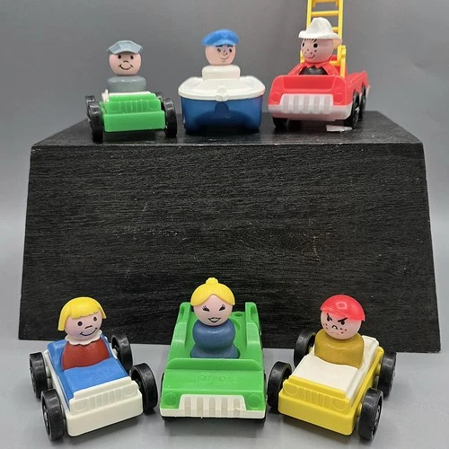 Vintage Fisher Price Garage Cars, Double Seat Car, Boat, Fire Truck & 6 Figures