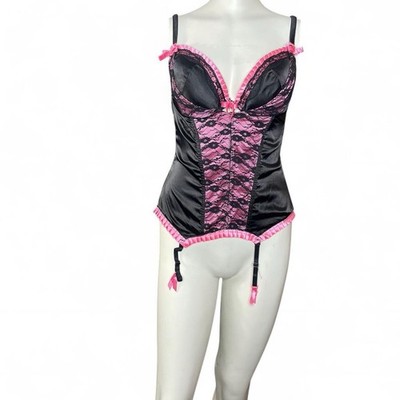 Vtg 90s Y2K L Bustier Corset Top Bow Pink Black Emo Mall Goth Scene Lace Up