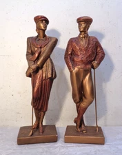 1989/90 Two Large Resin Bronze Man Woman Golfers By Austin Sculptures 16" Nice!
