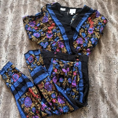 Anthropilogie ETT:TWA Jumpsuit Size 4P Black Blue Floral Scarf Boho