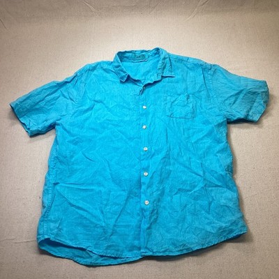 Short Fin Shirt mens Size Large 100% Linen Short sleeve button down Blue Casual