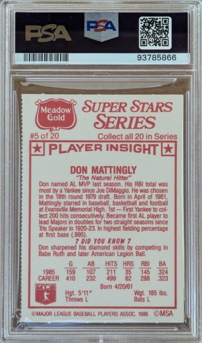 1986 Meadow Gold Stat Back #5 Don Mattingly New York Yankees PSA 7 ¡Poco pop! - Imagen 2 de 2
