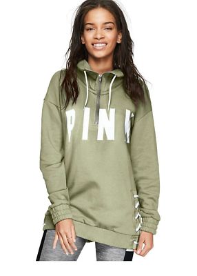 Victorias Secret Pink Slouchy GRAPHIC LACE UP QUARTER HALF ZIP SWEATSHIRT  NWT M