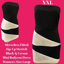 XXL Zip-Up Sleeveless Fitted Stretch Black/Cream Bodycon Mini Dress Women L