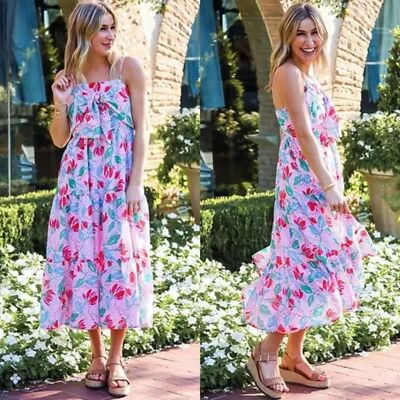 J. Marie Claire Floral Dress Print Bow Square Neck Sleeveless Midi Tiered XS New