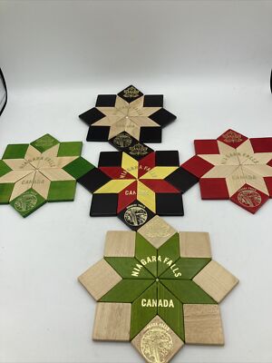Vtg MCM Niagara Falls Canada Wooden Coaster Set Of 5 Maple Leaf Octagon