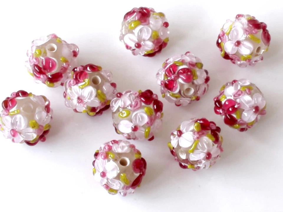 10 piezas cuentas redondas de vidrio de murano hechas a mano rosa rojo flor 15 mm Foto 4 de 4