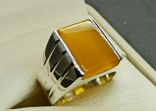 Natural Yemeni Zard Aqeeq Sterling Silver 925 Handmade Yellow Agate Mens Ring