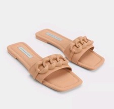 Charles And Keith Size 41 Matte Chunky Chain Slides Sandals In Camel Nude