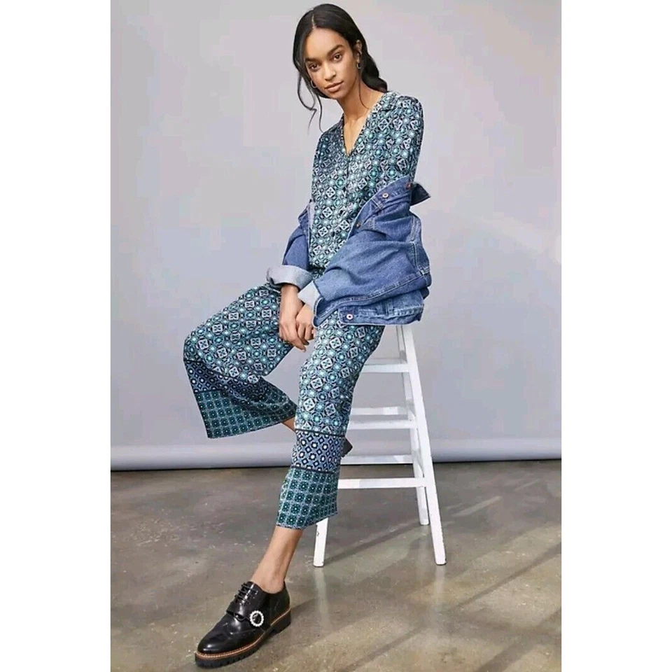 Anthropologie Morgan Geometric Print Waistless Jumpsuit Blue Green Size XS - Image 3 of 4