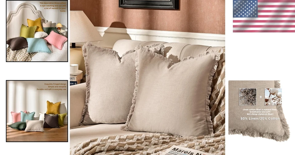 Versatile Pack of 2 Fringed Linen Pillow Covers for Living Room and Bedroom Use - Image 2 of 4