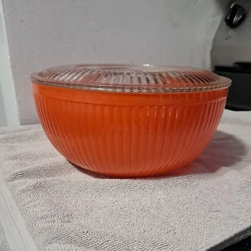 Vintage Anchor Hocking 9” Fired On Orange/Red Ribbed Refrigerator Dish