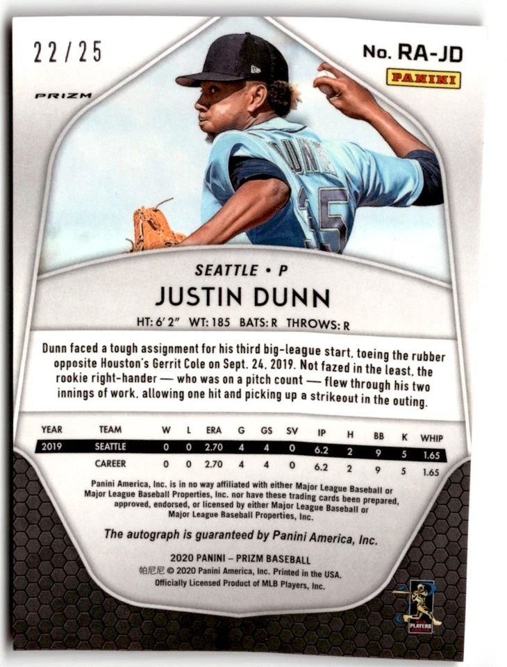 Justin Dunn 2020 Panini Prizm Rookie Auto /25 #RA-JD Seattle Mariners - Image 2 of 2