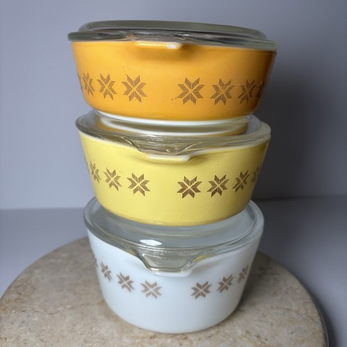 Vtg Pyrex Town & Country Cross Stitch Star Casseroles & Lids #471 472 473 Set - Picture 4 of 19