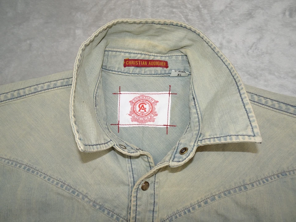 Camisa vaquera Christian Audigier perla a presión sin mangas XL azul motociclista ropa occidental Foto 4 de 4