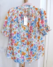 Pleione Peasant Top Blouse Size S Small Short Sleeve Flowy Watercolor Floral NWT