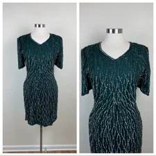 Mark & John By Sam Silk Green Sequin Beaded Cocktail Evening Dress Women Large