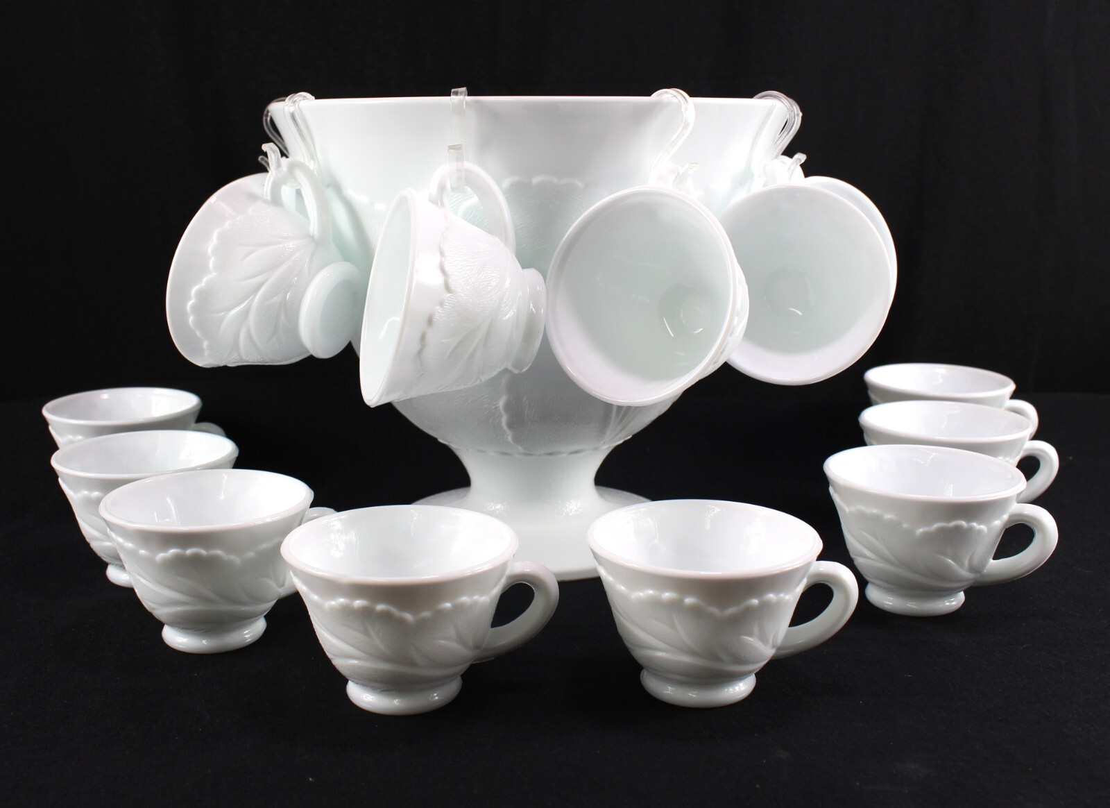 Vintage Indiana Glass Pebble Leaf Milk Glass Punch Bowl Set with 15 Cups  