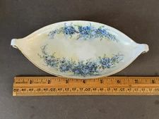 RS GERMANY BLUE FORGET ME NOT B MOUNTIZ SIGNED HANDLED TIDBIT TRAY CELERY DISH