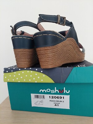 Moshulu Indigo Leather Wedge Sandals Size UK Peach Melba T-Bar