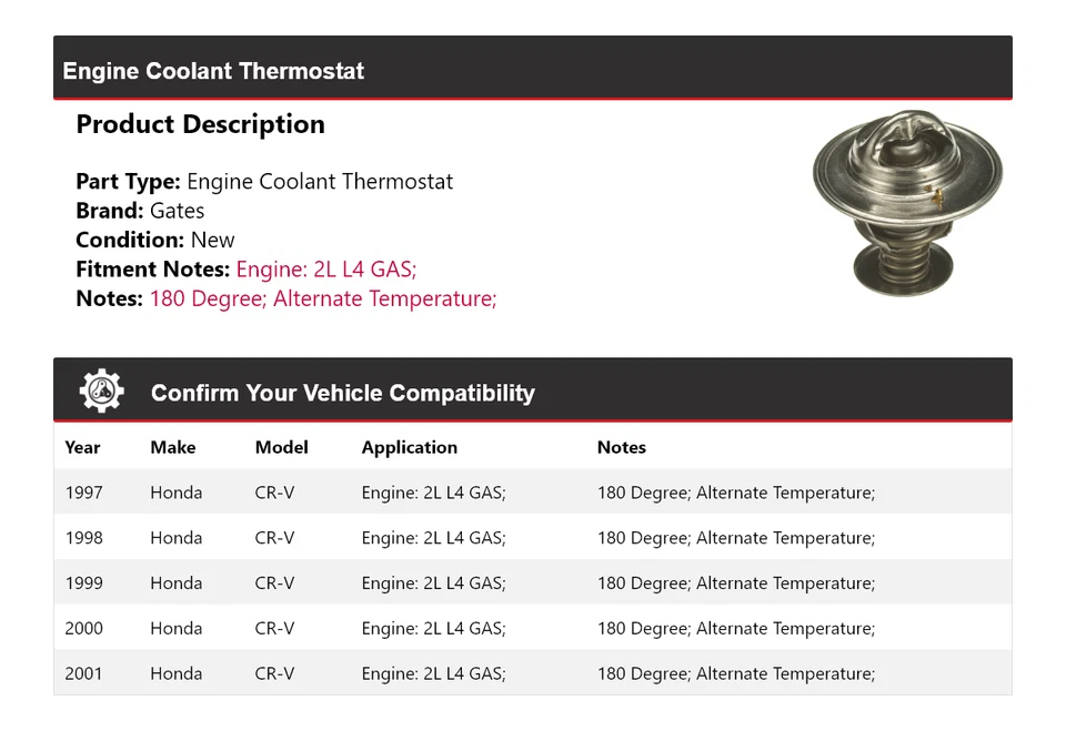 Para Honda CR-V 1997-2001 2L L4 GAS Motor Refrigerante Termostato Puertas 1998 1999 Foto 2 de 4