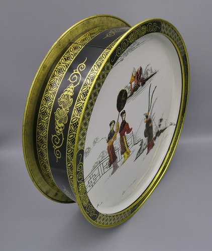 Vintage Asian Tin Box Tray Lid Two Sided T'ang Dynasty Litho Art Red White 13.5" - Picture 6 of 24