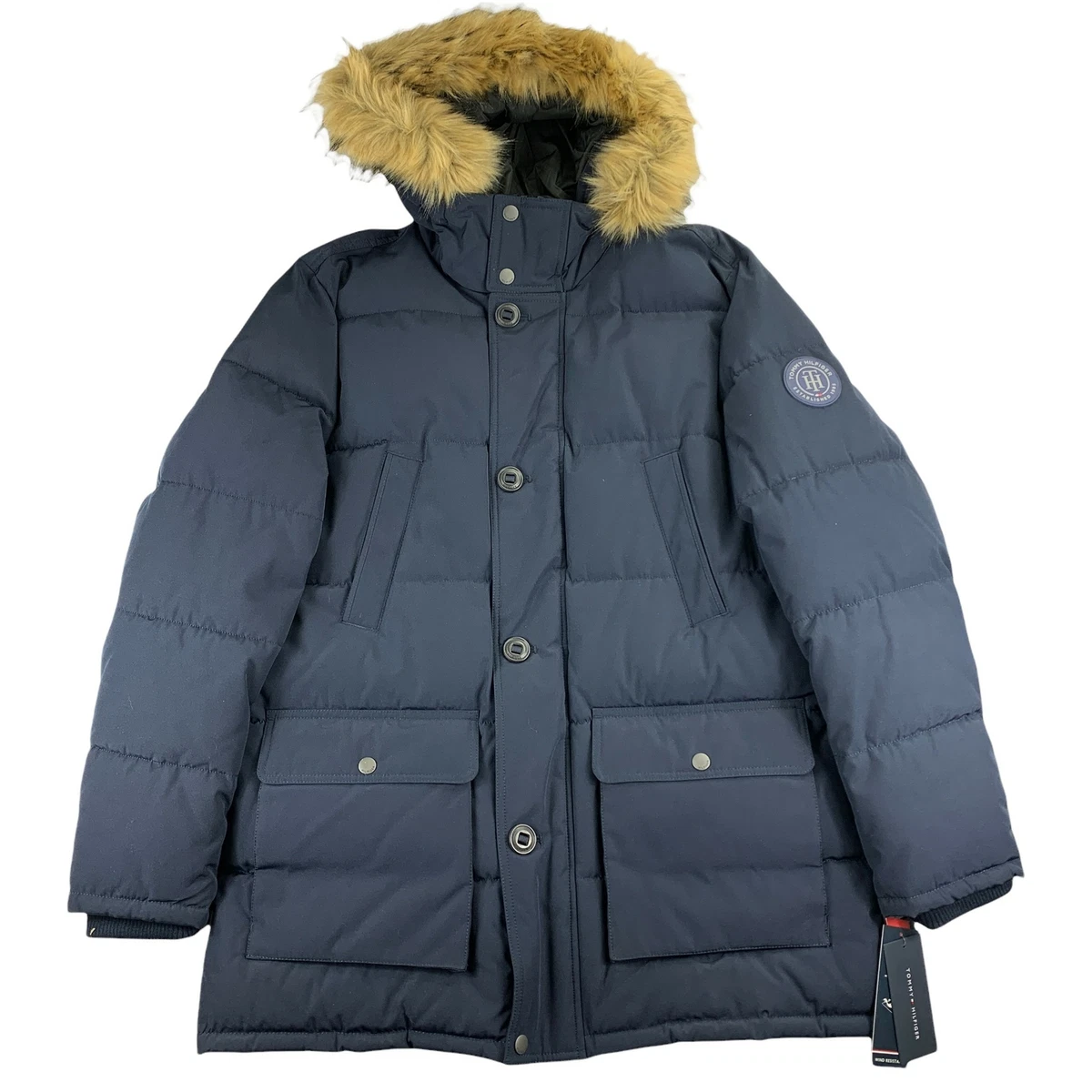 Tommy Hilfiger Mens Faux Fur Hood Long Snorkel Coat Navy Blue XL