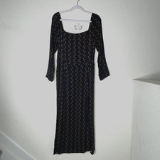 Reformation Sigmund Long Sleeve Midi Dress Sz 16 Smocked Back Zip Up Black Brown