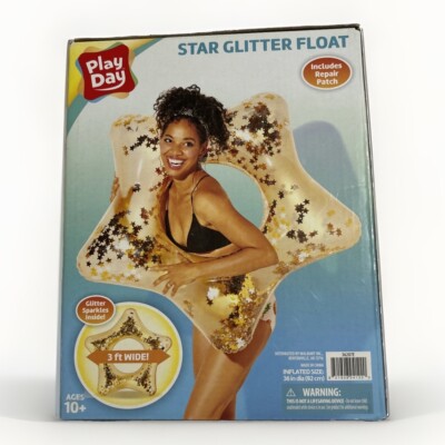 New Play Day Star Glitter Float 36  Wide Gold Age 10+ Incl Repair Patch FreeS&H
