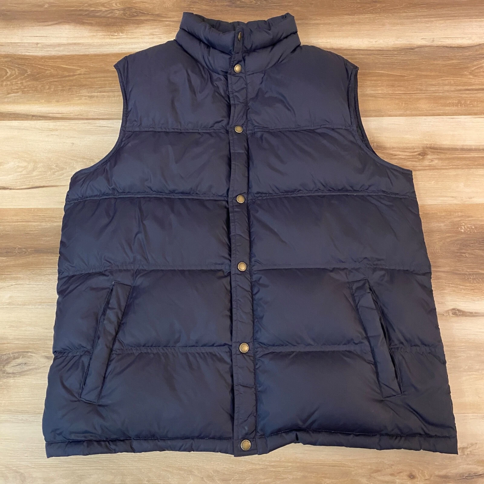 Lands End Down Puffer Vest Mens Large 42 44 Navy Blue Jacket Snap Mock Neck