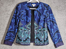 Coldwater Creek Open Front Blazer Jacket Womens Sz 10 Blue Paisley Floral Lined