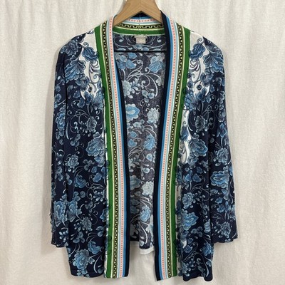 Chicos Stretch Knit Lightweight Blue Floral Open Cardigan Womens Sz XXL Coastal