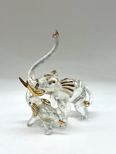 Blown Glass Elephant And Baby Elephant Gold Trim Striped Ears 5” Tall Trunk Up