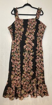 Maurices Black Pink Floral Chiffon Smocked Fairy Midi Dress Plus 2X Ruffles NWT