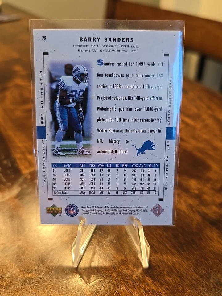 1999 Upper Deck SP Authentic Barry Sanders Detroit Lions Football Card #28 HOF - Image 2 of 2