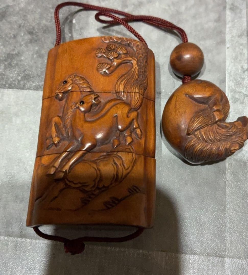 Inro Netsuke Horse Japanese Boxwood carved Antique From Japan