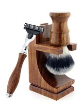 3 Pcs Wooden Shaving Set For Men's Synthetic Hair Shave Brush with 3 Edge Razors