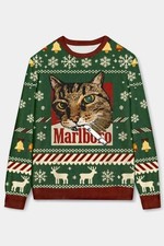 Marlboro Smoking Cat Meme Ugly Christmas Sweater Xmas Outfit S-5XL