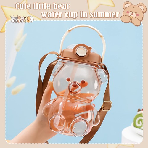 Kawaii Bear Water Bottle with Straw and Strap, Cute Water Bottles for , Porta... - Picture 3 of 8