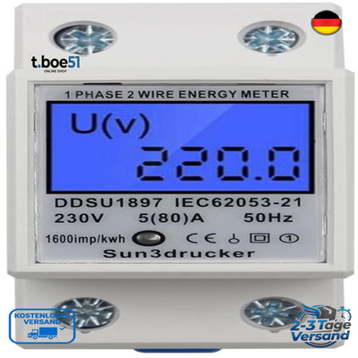 LCD Stromzähler 1-Phasig 2 Polig 5 80 A 35