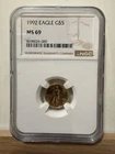 1992 $5 American Gold Eagle NGC MS69 1/10 Oz Gold Coin Brilliant Unc