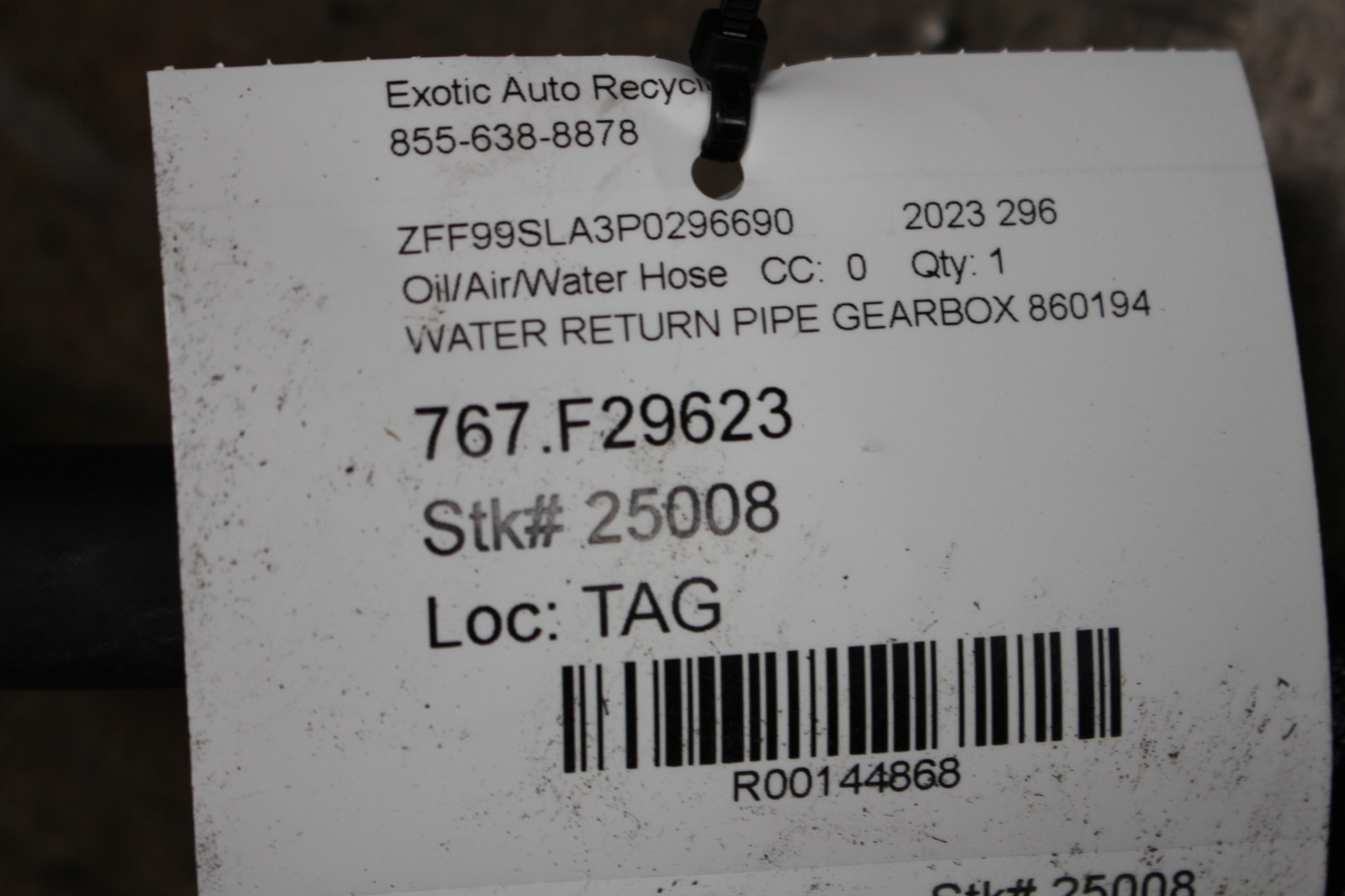 Ferrari 296 GTB, Water Return Pipe, Used, P/N 860194